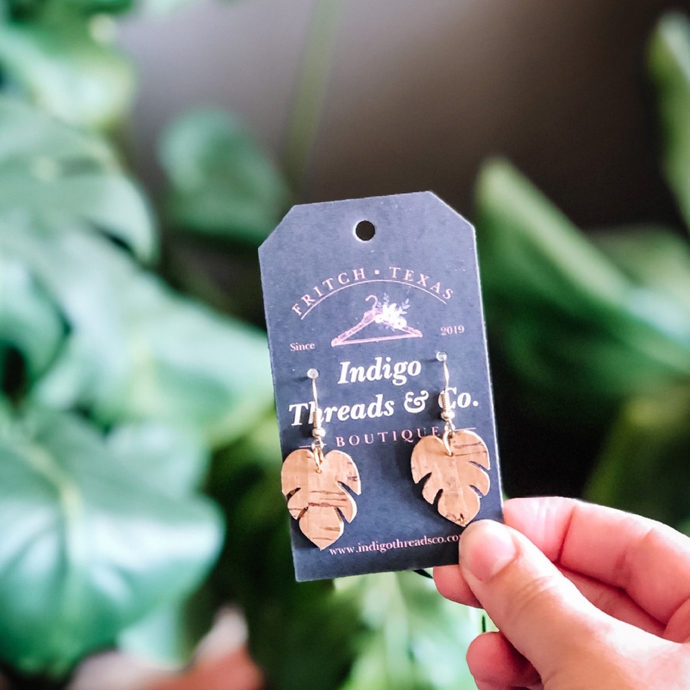 Monstera cork on Leather Earrings